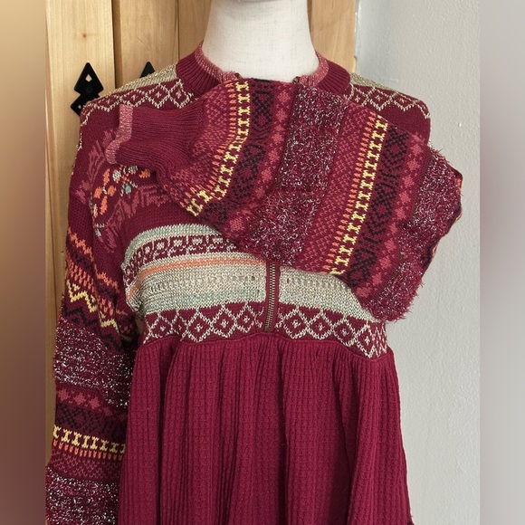 Free People Cabin Fever Burgundy Patterned Tunic Half Zip Tunic Top - Picture 3 of 5